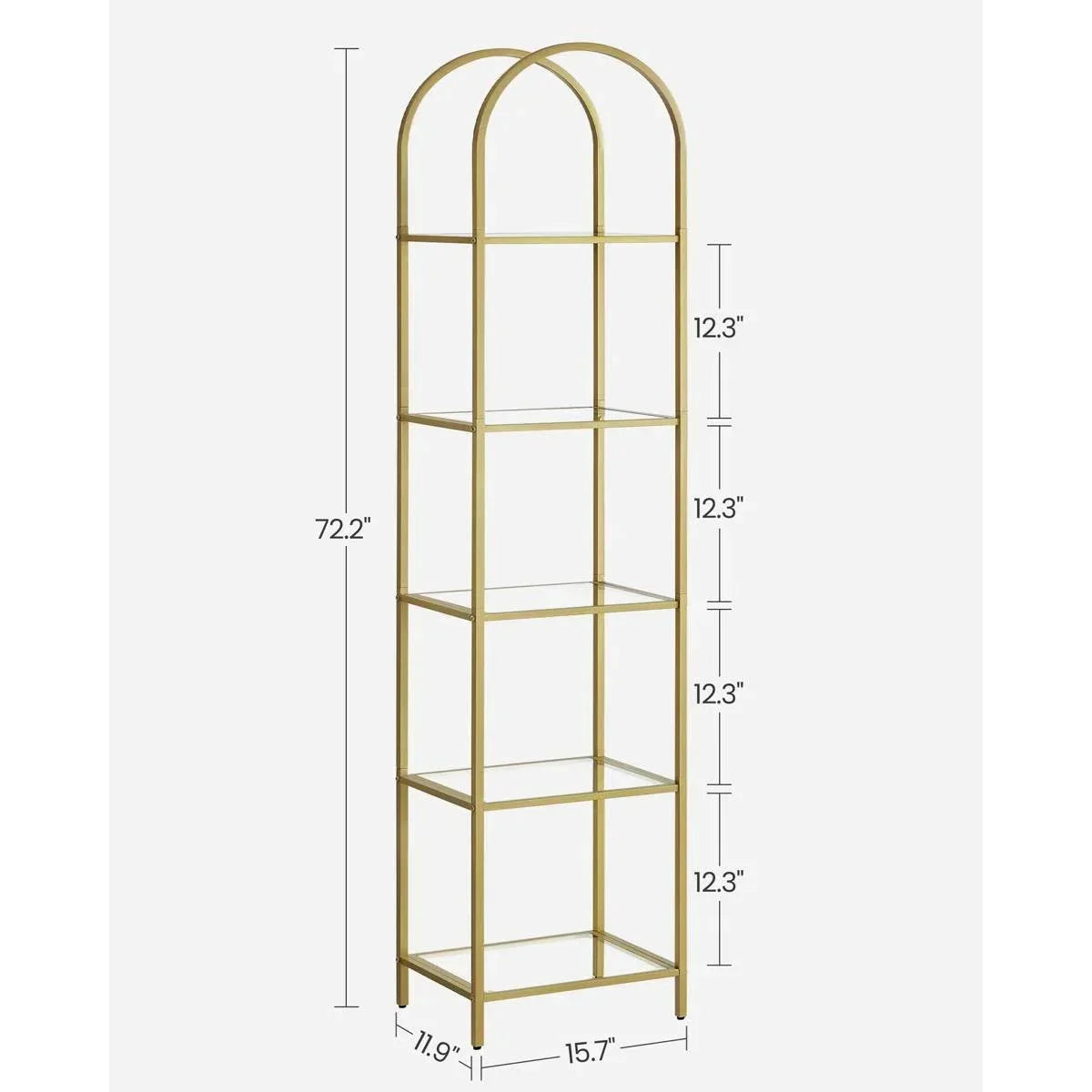 Arched Top Gold Metal Display Rack Narrow Bookcase with 5 Glass Storage Shelves
