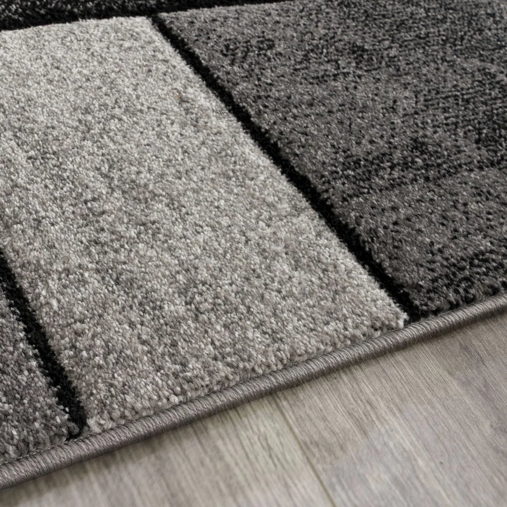 Area Rug Brilliance with Geometric Squares in Black White, side view - House Of Avana