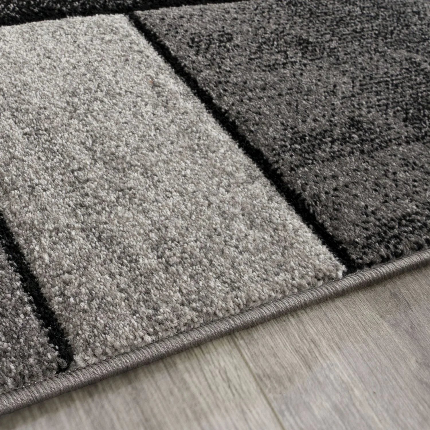 Area Rug Brilliance with Geometric Squares in Black White, side view - House Of Avana