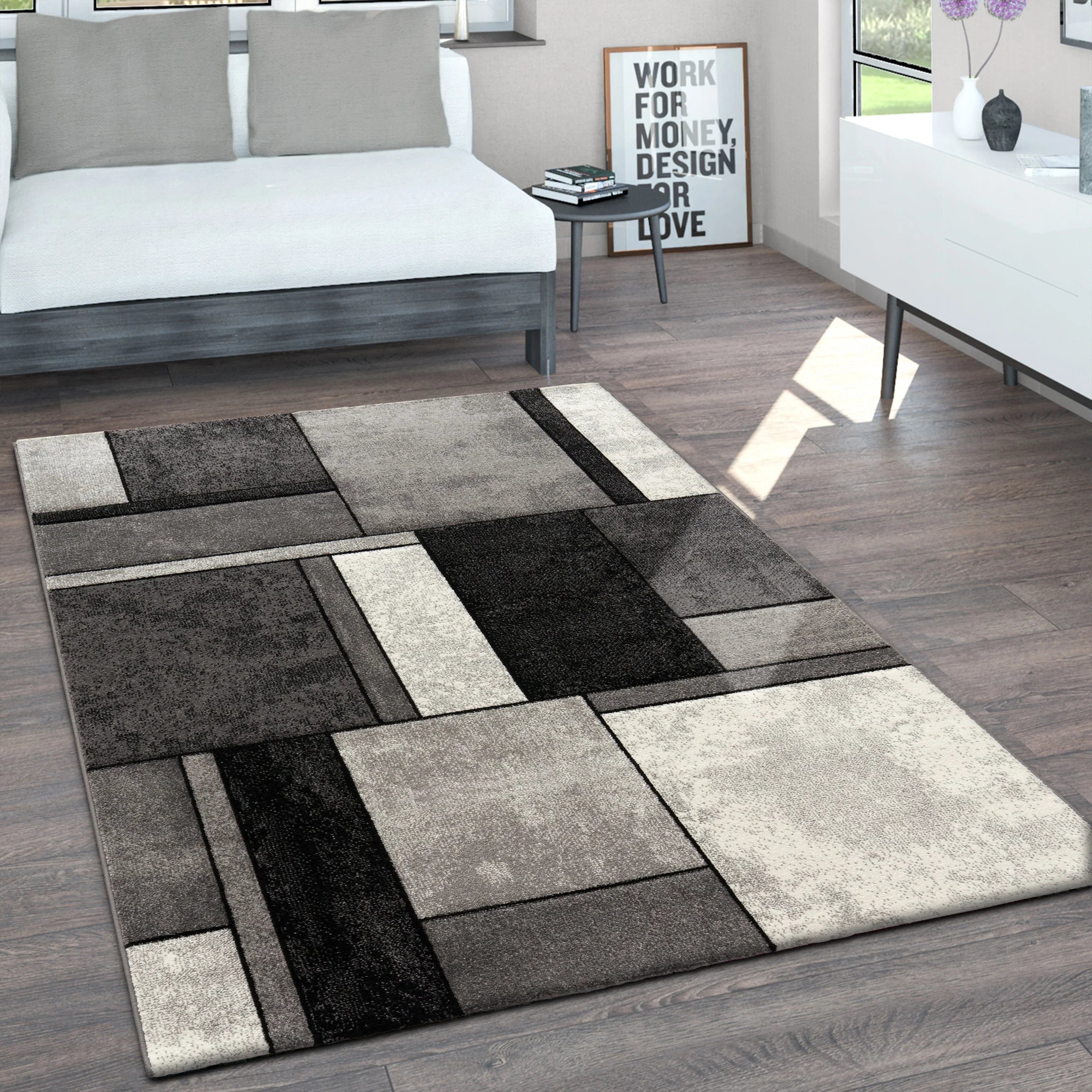 Area Rug Brilliance with Geometric Squares in Black White, lifestyle image - House Of Avana