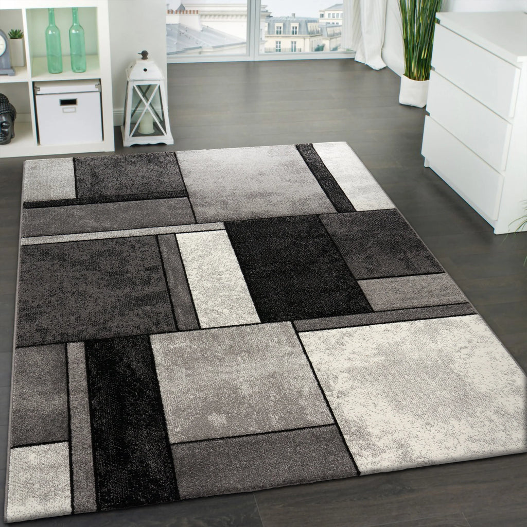 Area Rug Brilliance with Geometric Squares in Black White, front view - House Of Avana