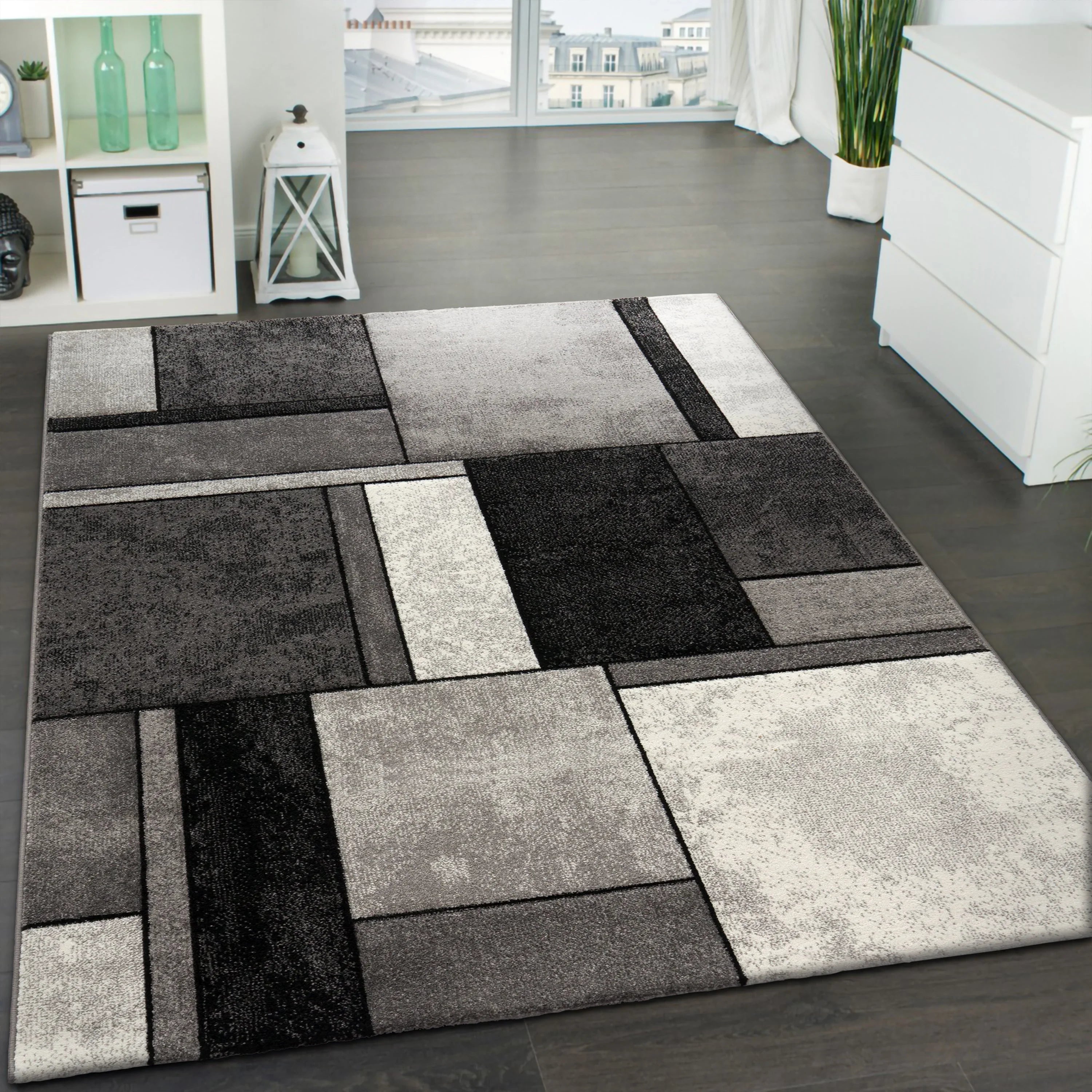 Area Rug Brilliance with Geometric Squares in Black White, front view - House Of Avana
