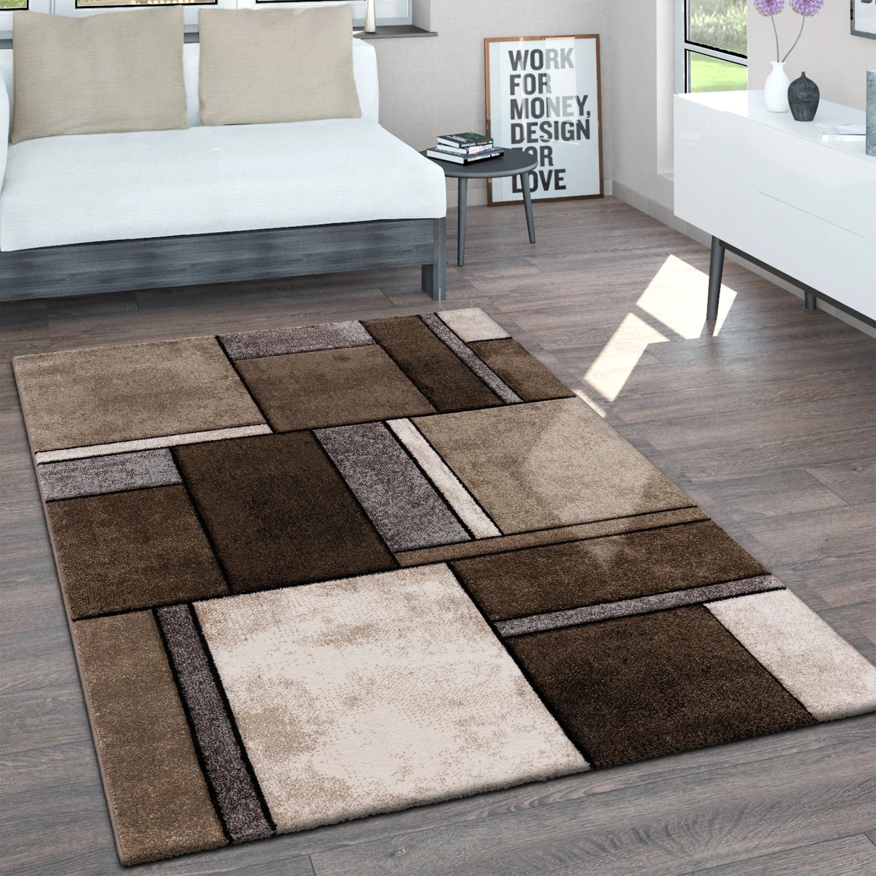 Area Rug Brilliance with Geometric Squares in Brown Beige, lifestyle image - House Of Avana