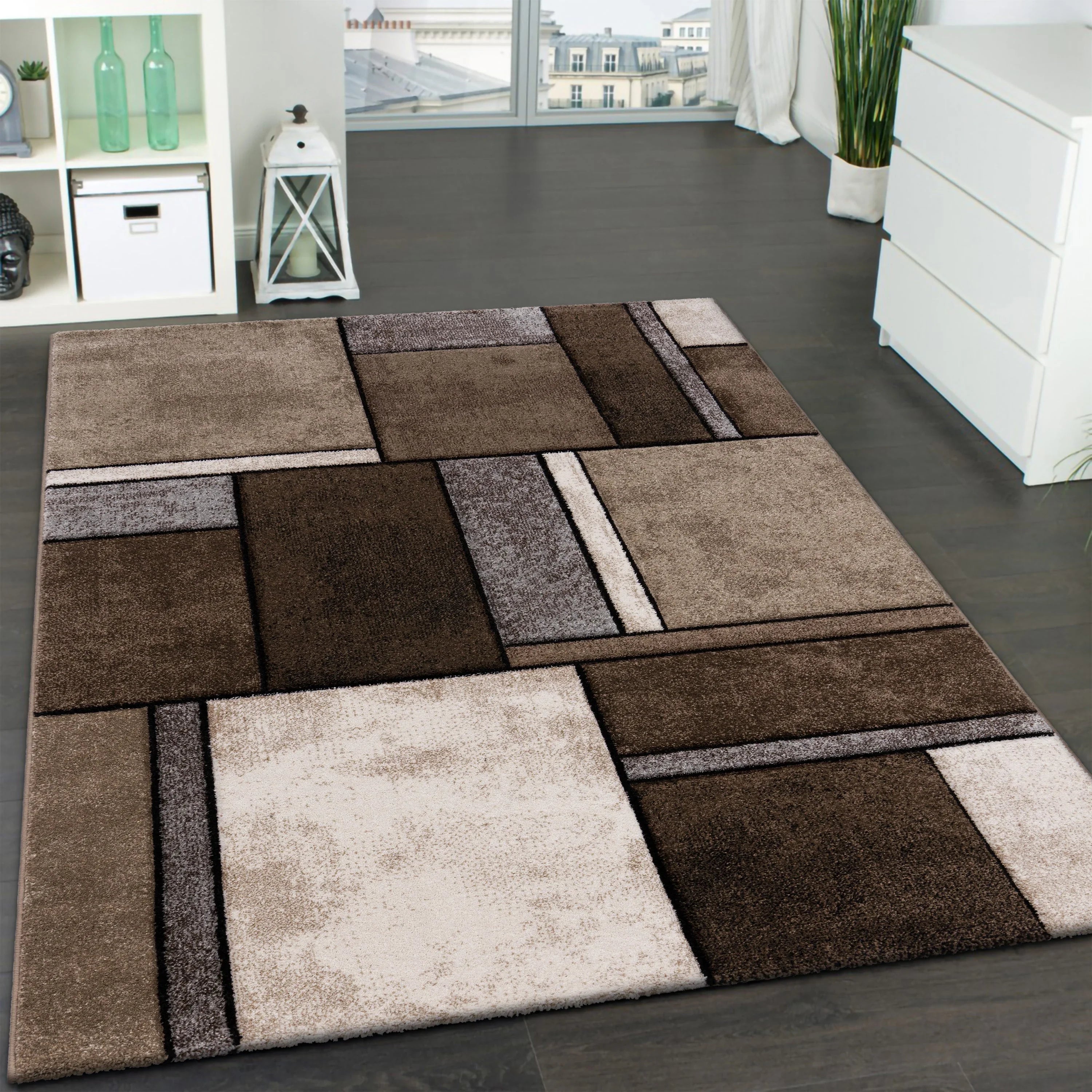 Area Rug Brilliance with Geometric Squares in Brown Beige, front view - House Of Avana