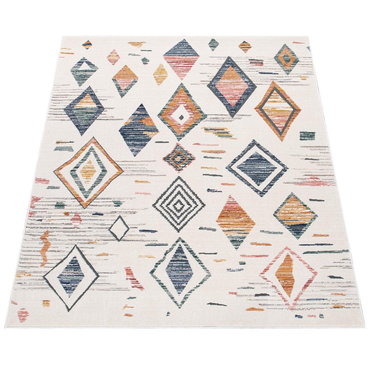 Area Rug Cream Low-pile Boho Style Colorful Diamond Pattern, back view - House Of Avana