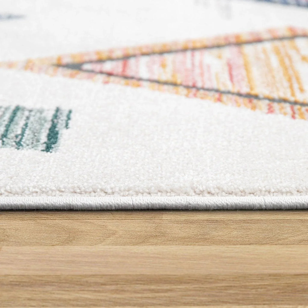 Area Rug Cream Low-pile Boho Style Colorful Diamond Pattern, side view - House Of Avana
