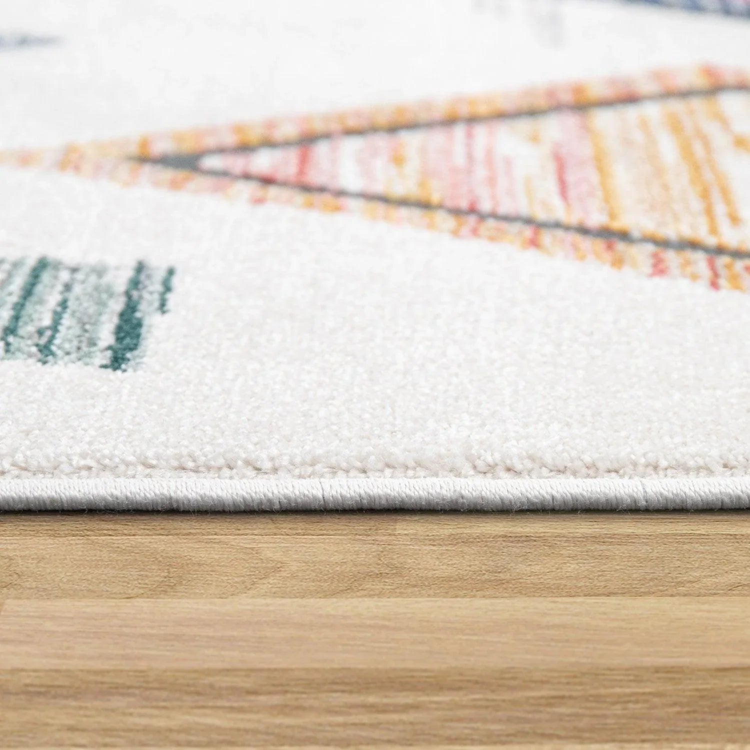 Area Rug Cream Low-pile Boho Style Colorful Diamond Pattern, side view - House Of Avana