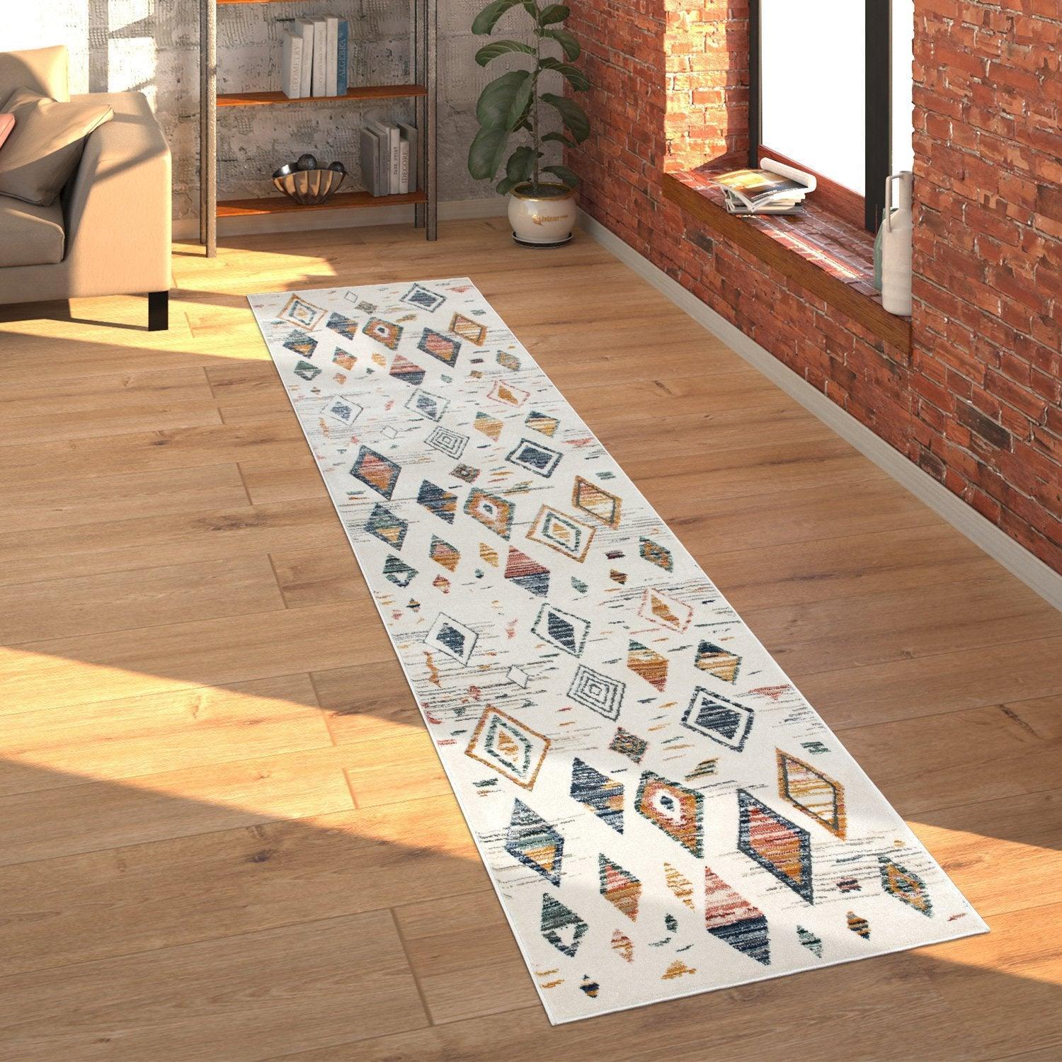 Area Rug Cream Low-pile Boho Style Colorful Diamond Pattern, top view - House Of Avana