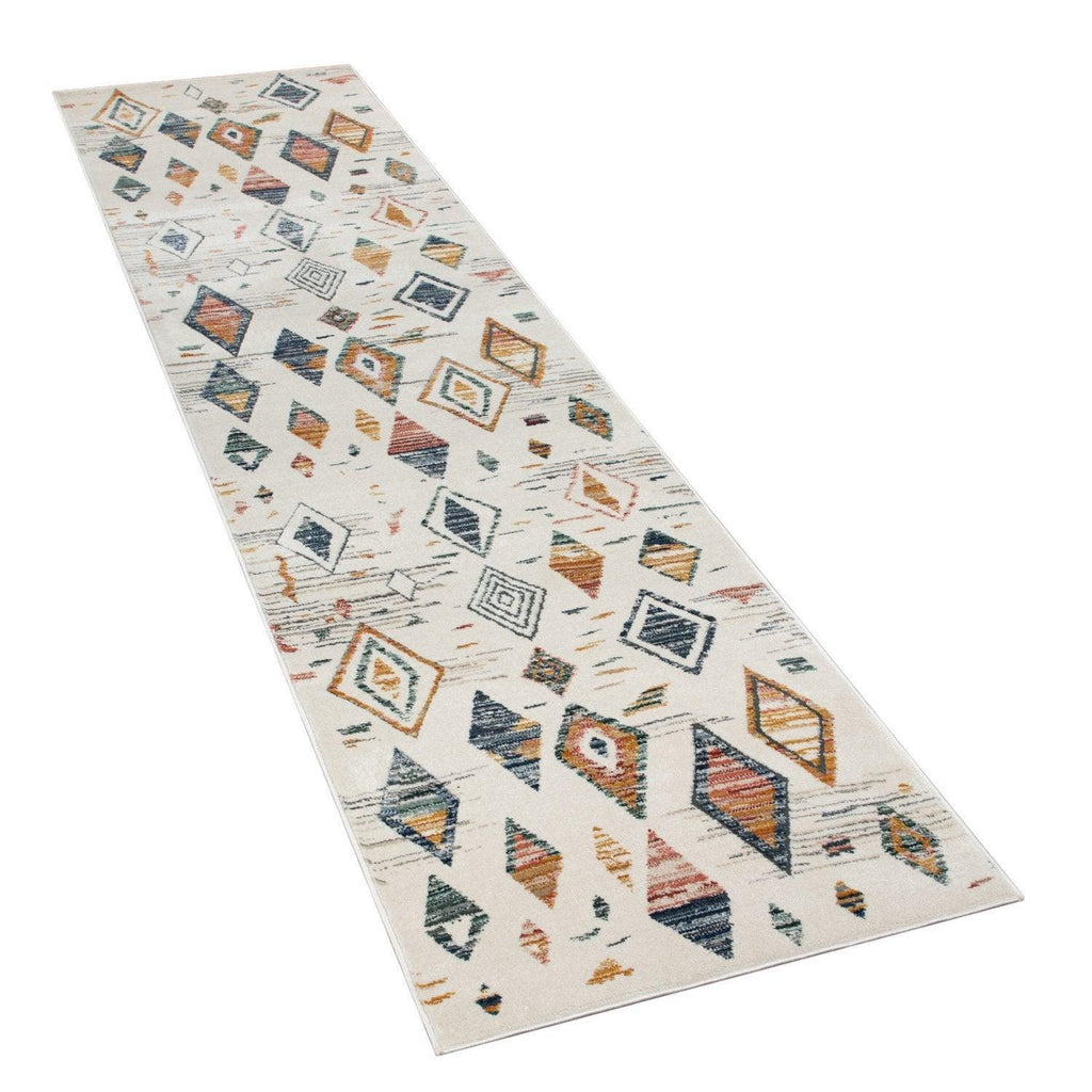 Area Rug Cream Low-pile Boho Style Colorful Diamond Pattern, angled view - House Of Avana