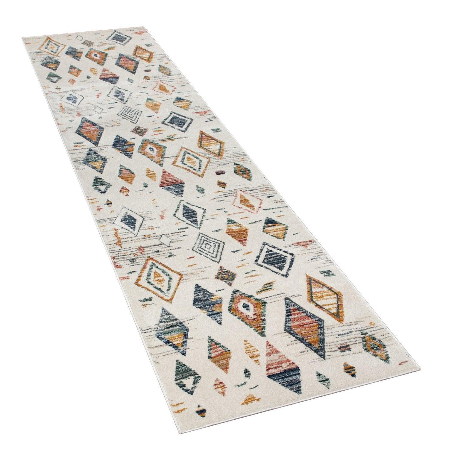 Area Rug Cream Low-pile Boho Style Colorful Diamond Pattern, angled view - House Of Avana