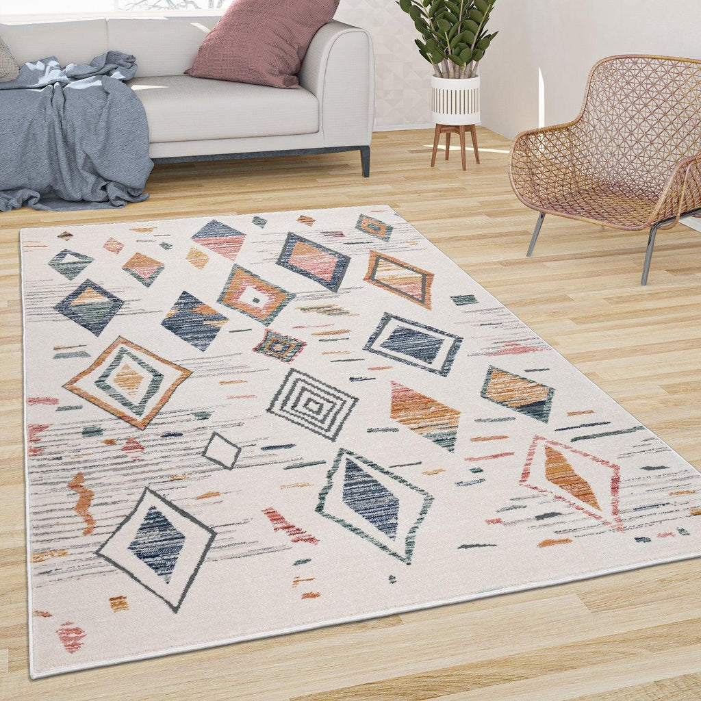 Area Rug Cream Low-pile Boho Style Colorful Diamond Pattern, front view - House Of Avana