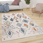 Area Rug Cream Low-pile Boho Style Colorful Diamond Pattern, front view - House Of Avana