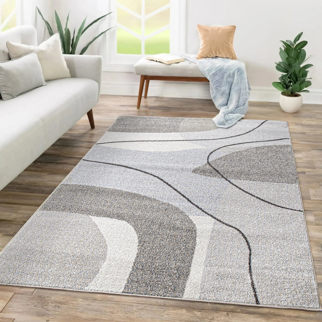 Area Rug Fiesta with Abstract Artistic Pattern in Beige and Grey, lifestyle image - House Of Avana