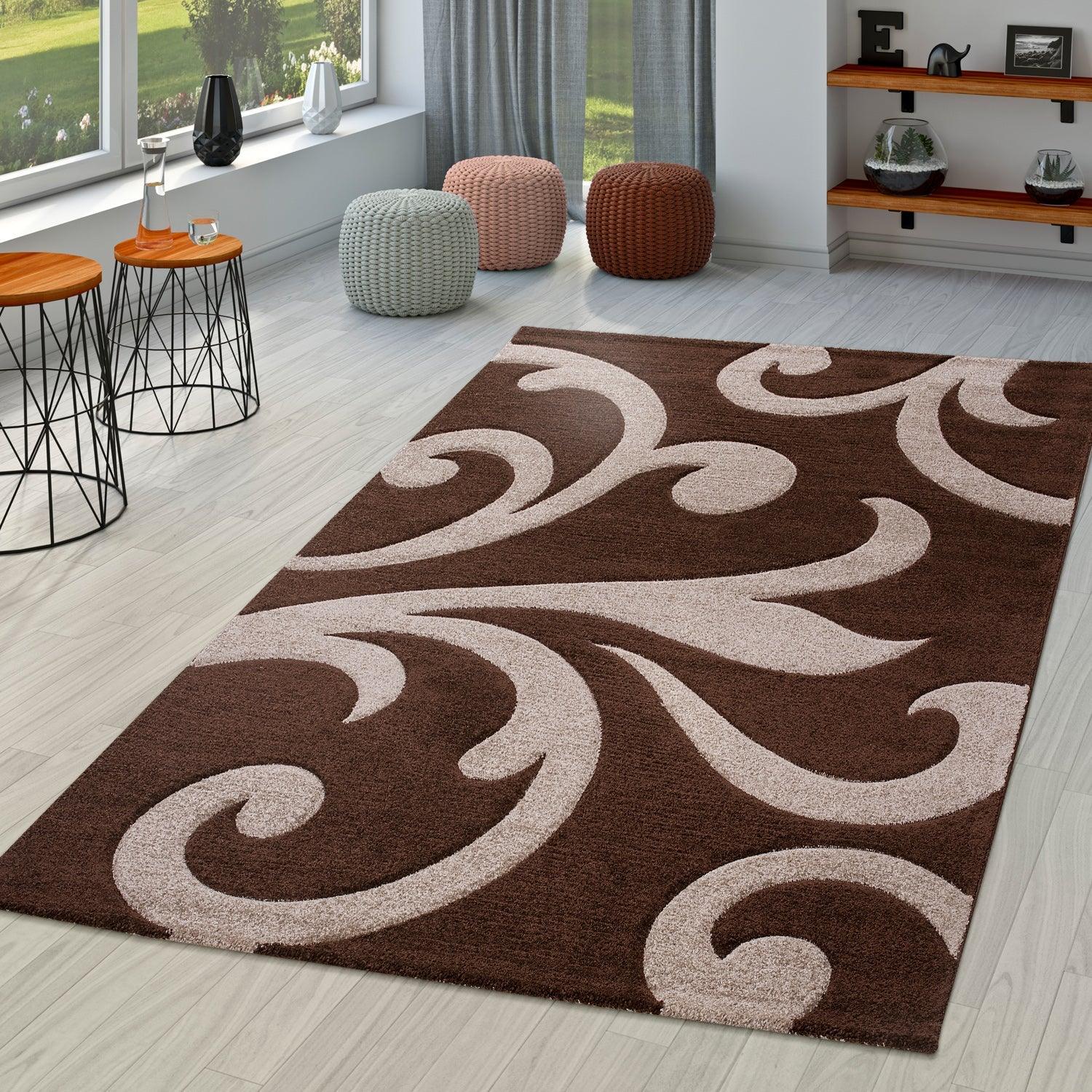 Area Rug Lafleur Modern Floral Pattern with Contour Cut - Brown, front view - House Of Avana