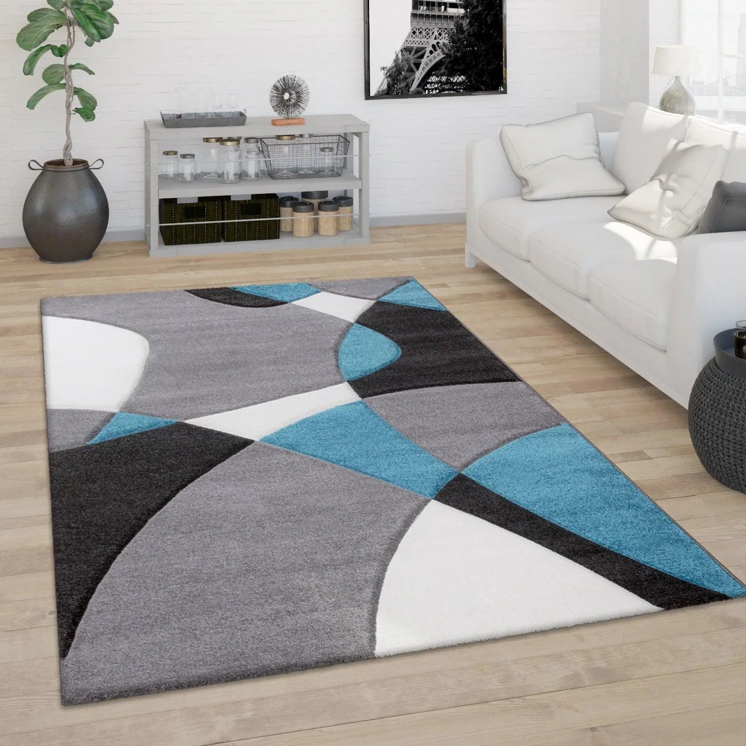 Area Rug Madeira Abstract Curved Pattern - Grey Blue, front view - House Of Avana