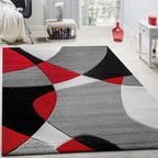 Area Rug Madeira Abstract Curved Pattern - Grey Red, front view - House Of Avana