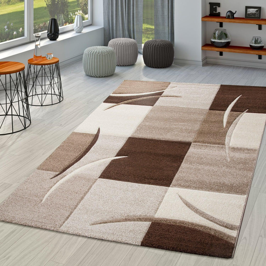 Area Rug Madeira Checkered with Contour Cut - Brown, front view - House Of Avana
