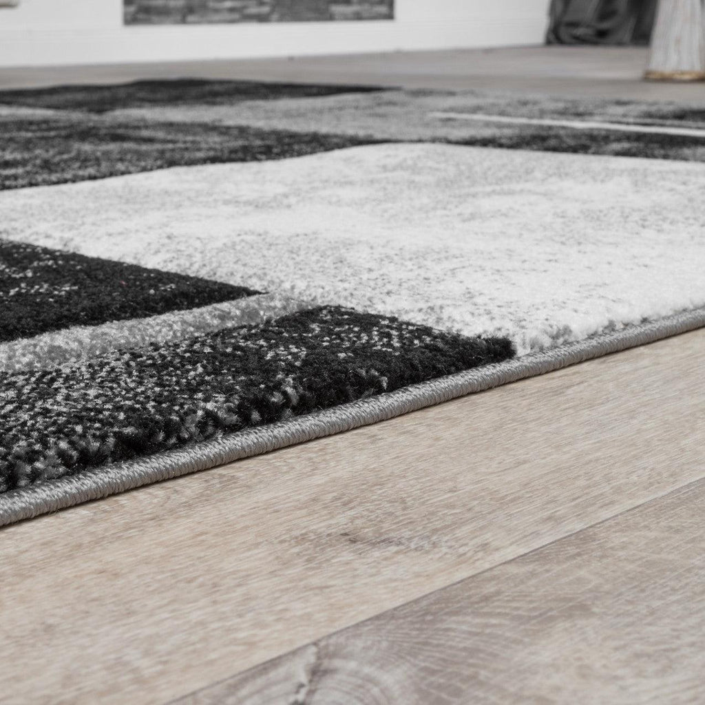 Area Rug Madeira Checkered with Contour Cut - Grey Black, side view - House Of Avana