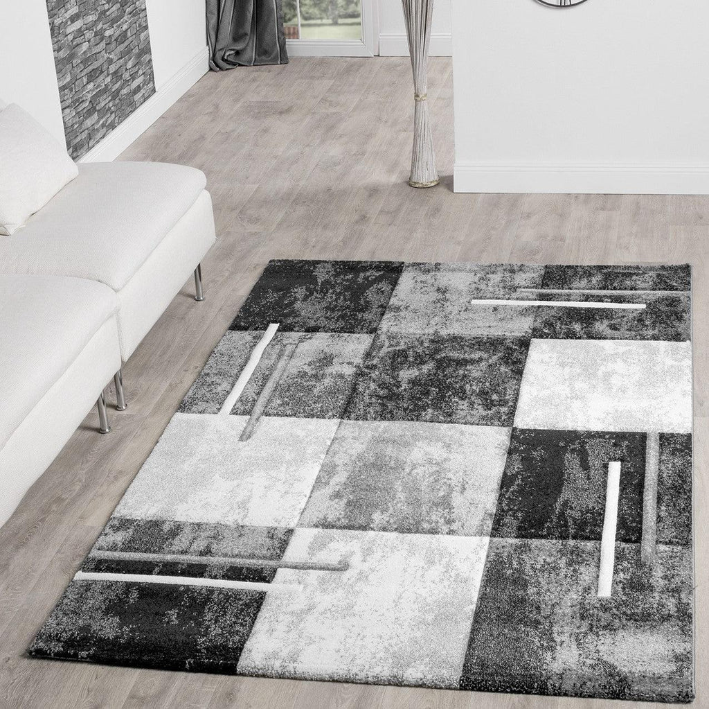 Area Rug Madeira Checkered with Contour Cut - Grey Black, front view - House Of Avana