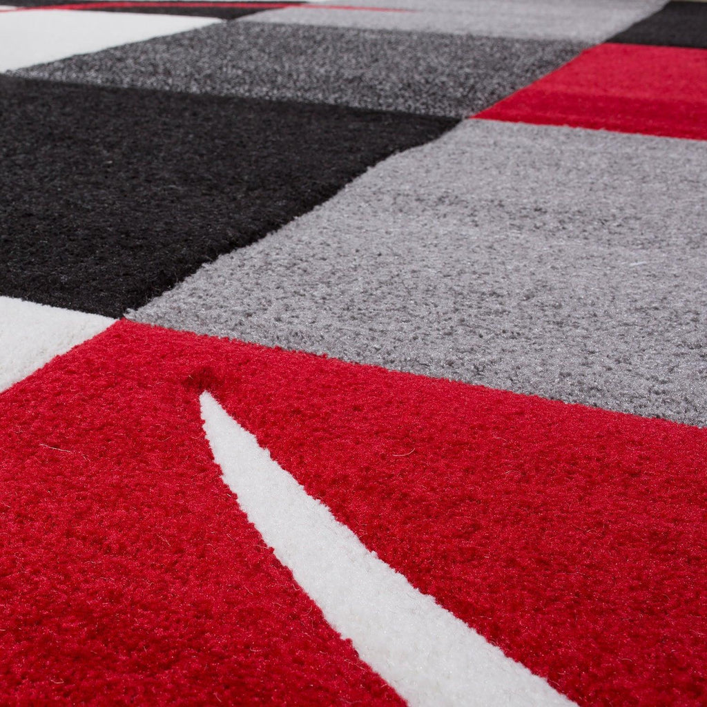 Area Rug Madeira Checkered with Contour Cut - Grey Red, side view - House Of Avana