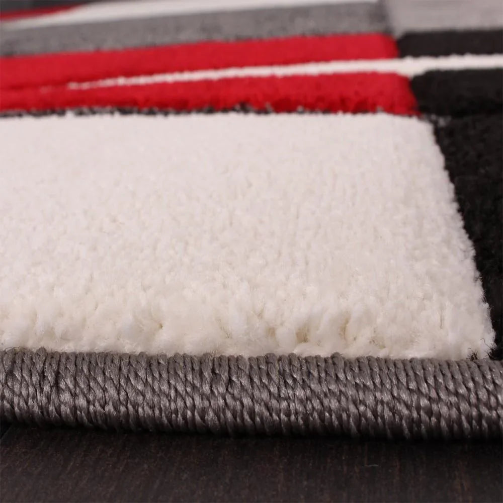 Area Rug Madeira Checkered with Contour Cut - Grey Red, detail shot - House Of Avana