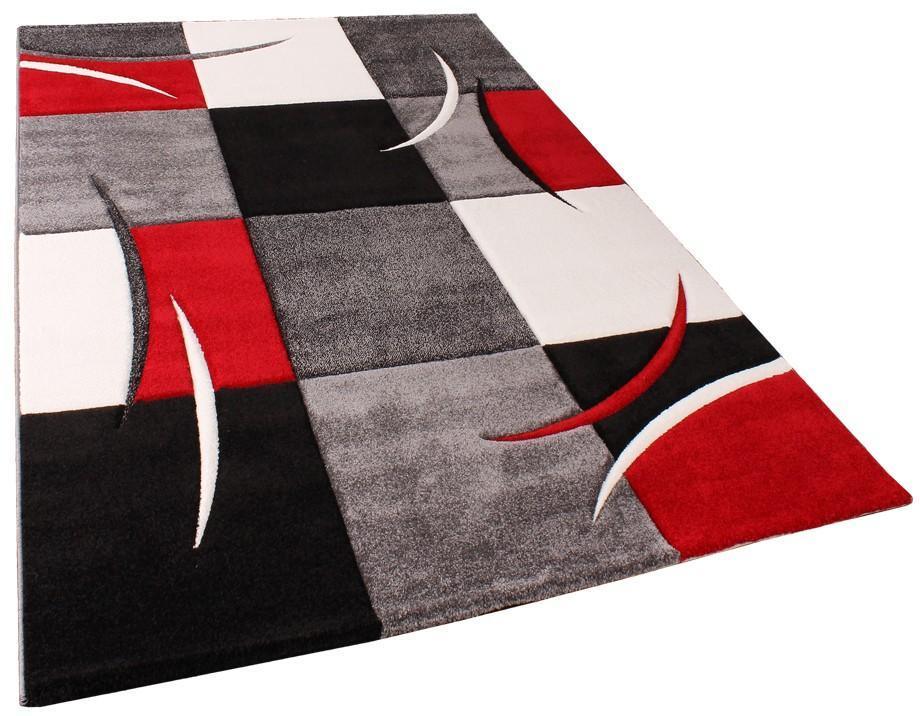 Area Rug Madeira Checkered with Contour Cut - Grey Red, lifestyle image - House Of Avana