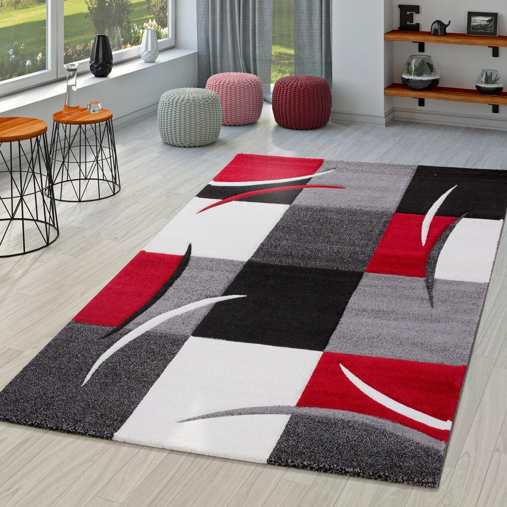 Area Rug Madeira Checkered with Contour Cut - Grey Red, front view - House Of Avana