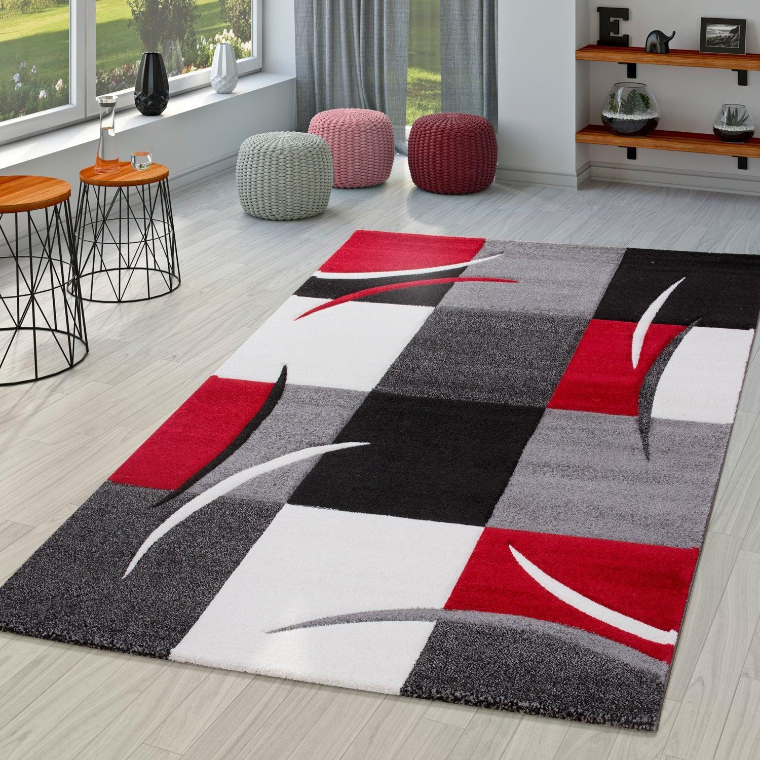 Area Rug Madeira Checkered with Contour Cut - Grey Red, front view - House Of Avana