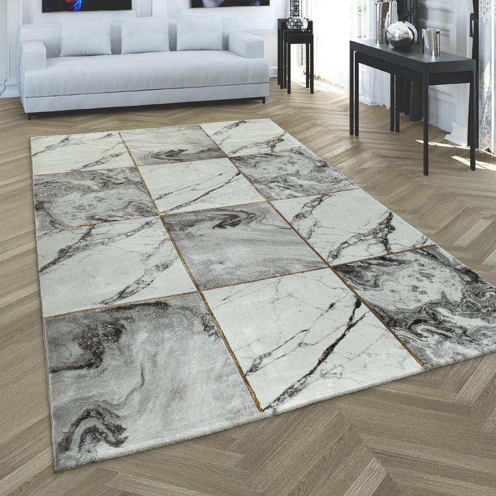 Area Rug Marble Pattern Checkered in Grey Gold Beige, front view - House Of Avana
