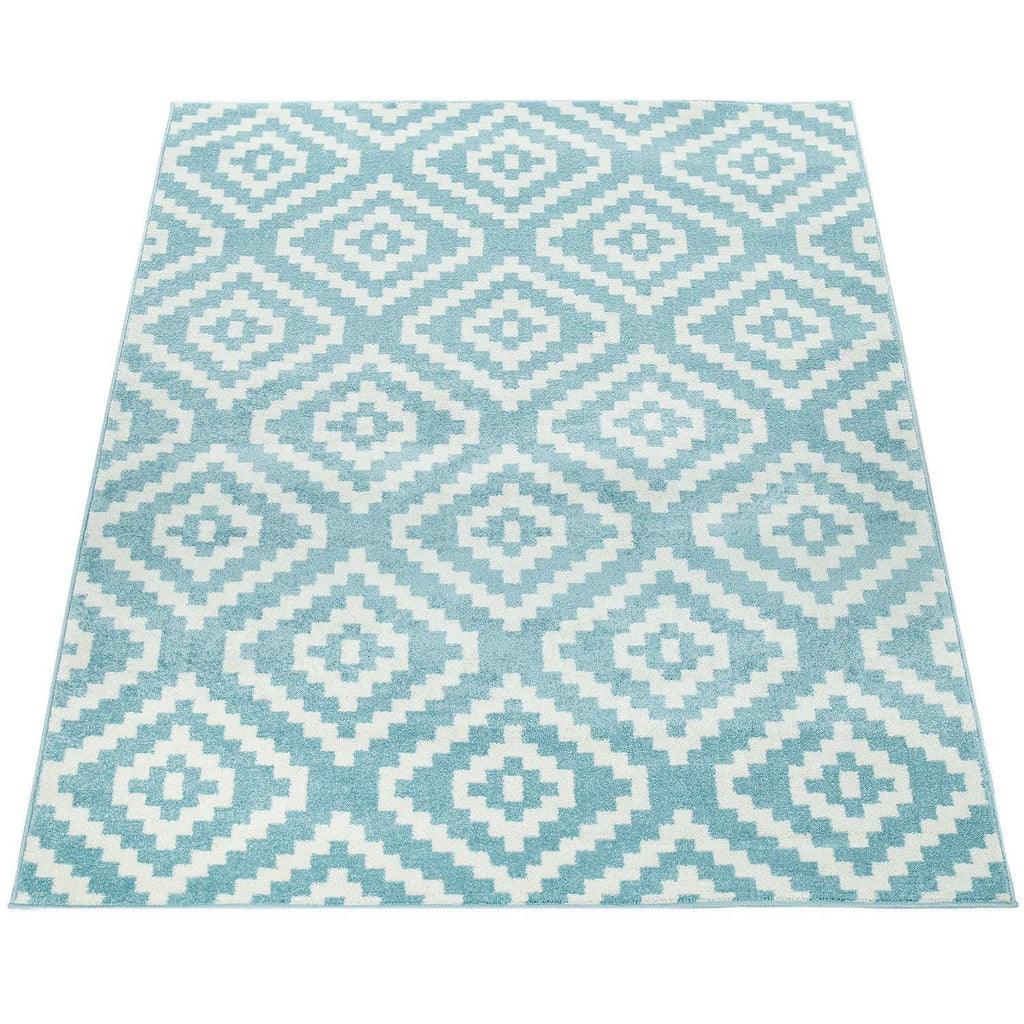Area Rug Stella Moroccan Diamond Pattern - Pastel Blue White, top view - House Of Avana