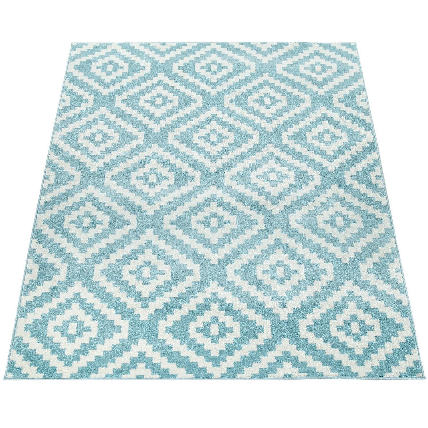 Area Rug Stella Moroccan Diamond Pattern - Pastel Blue White, top view - House Of Avana