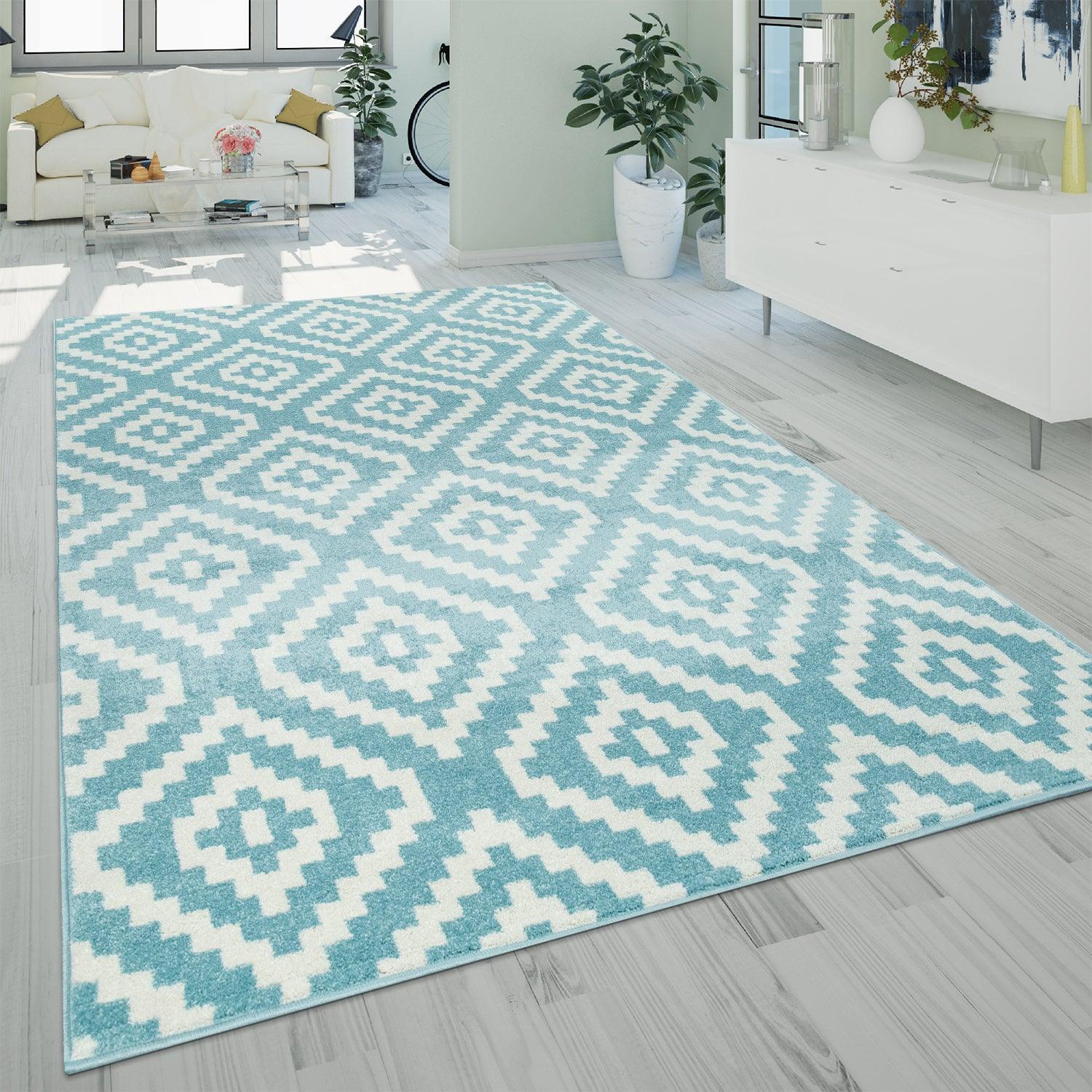 Area Rug Stella Moroccan Diamond Pattern - Pastel Blue White, front view - House Of Avana