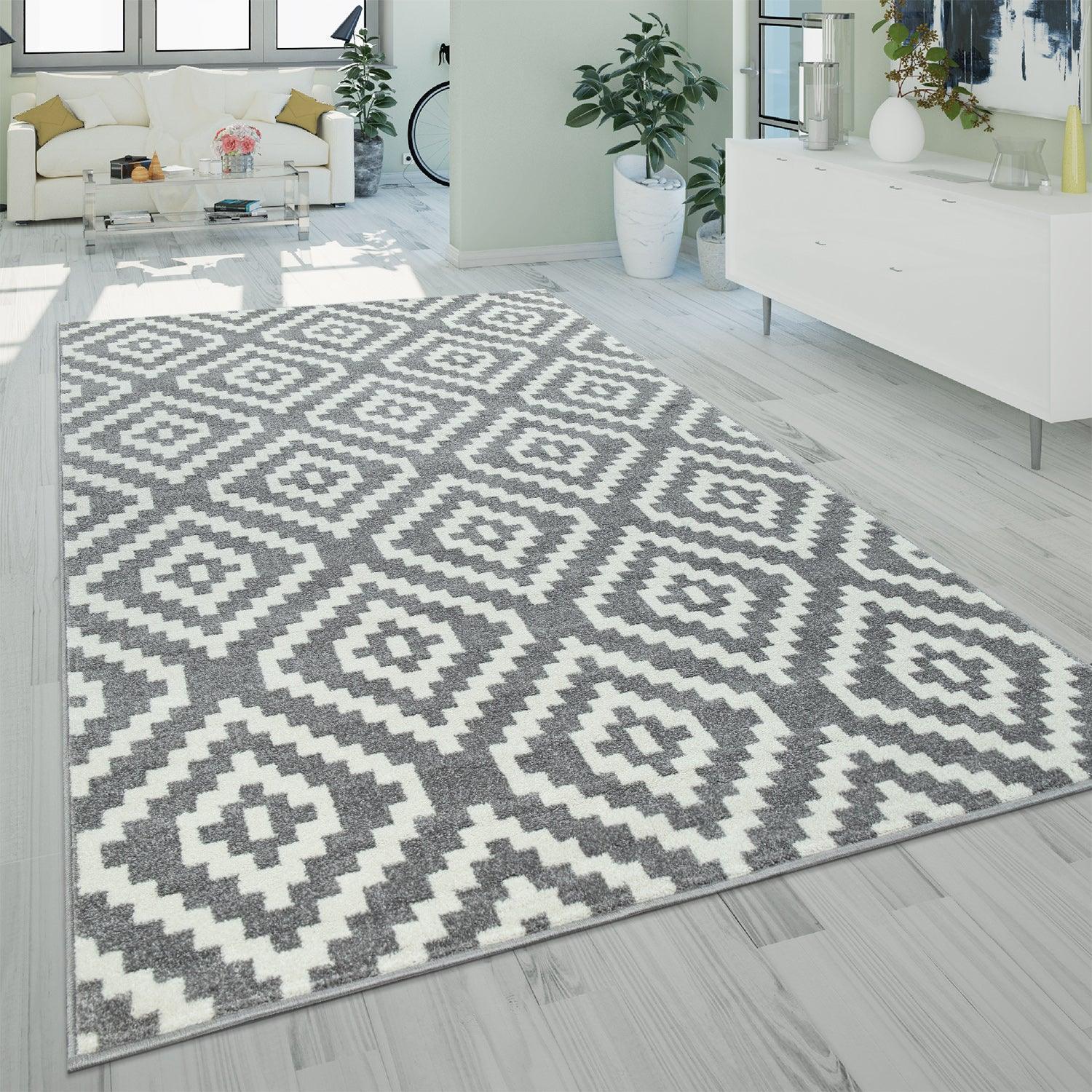 Area Rug Stella Moroccan Diamond Pattern - Pastel Grey White, front view - House Of Avana