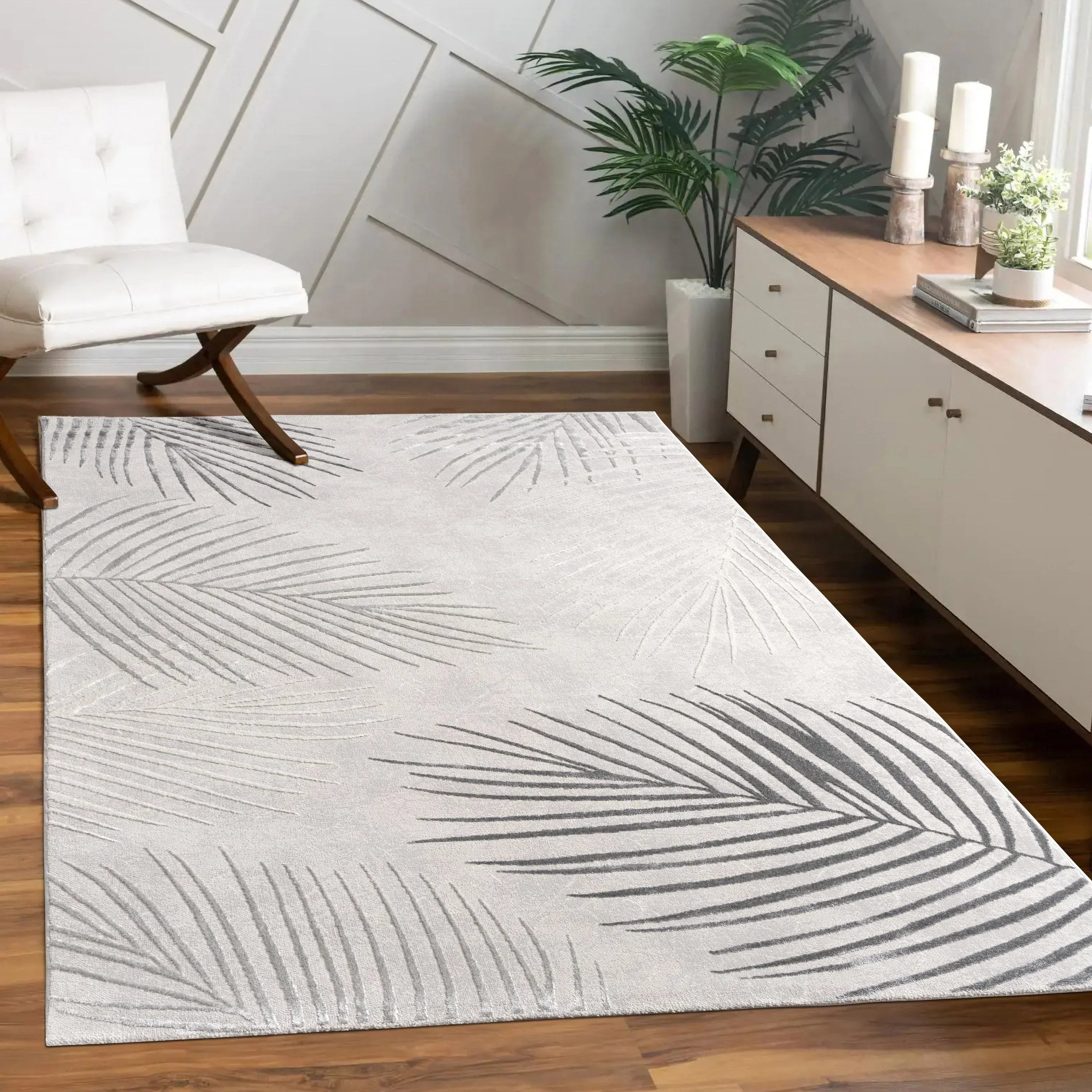 Area Rug Tuana with Elegant Palm Tree Design, angled view - House Of Avana
