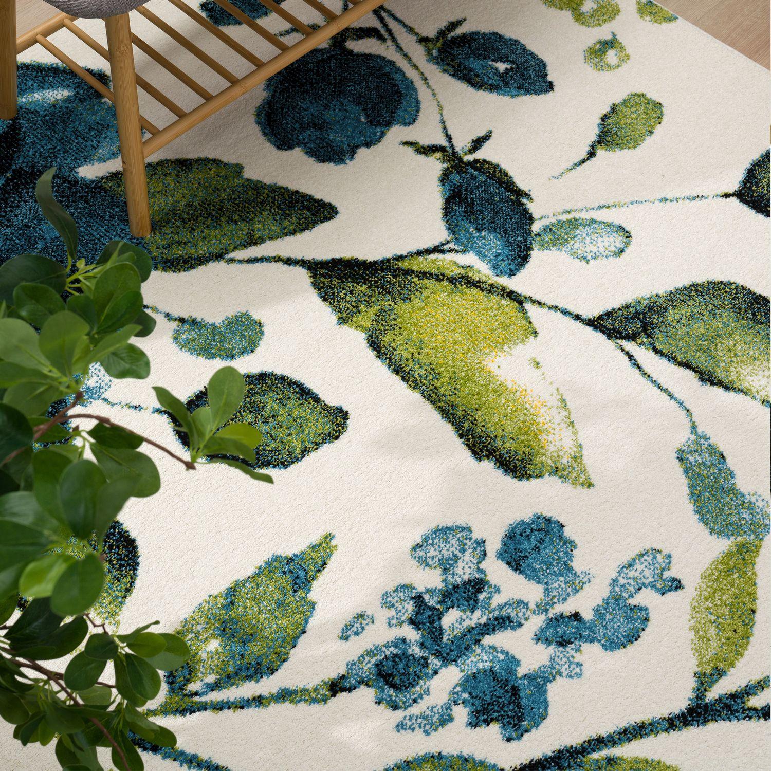 Artful Area Rug with Artful Watercolor Roses in Blue, back view - House Of Avana