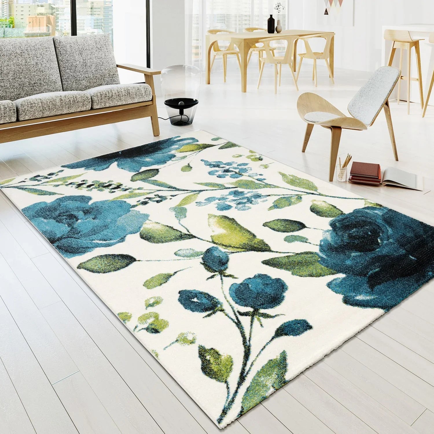 Artful Area Rug with Artful Watercolor Roses in Blue, front view - House Of Avana