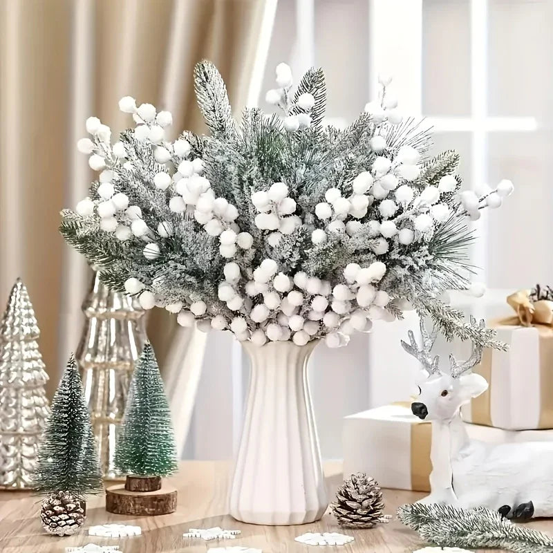 Artificial Berries and Cedar Branches in White Frost Color, front view - House Of Avana