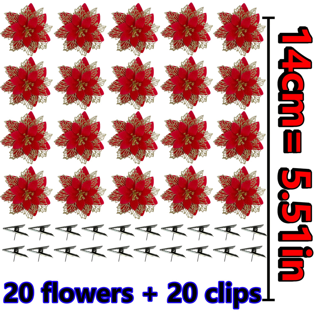 Artificial Christmas Flowers, 14cm Red with Golden Edges and Clips, texture detail - House Of Avana
