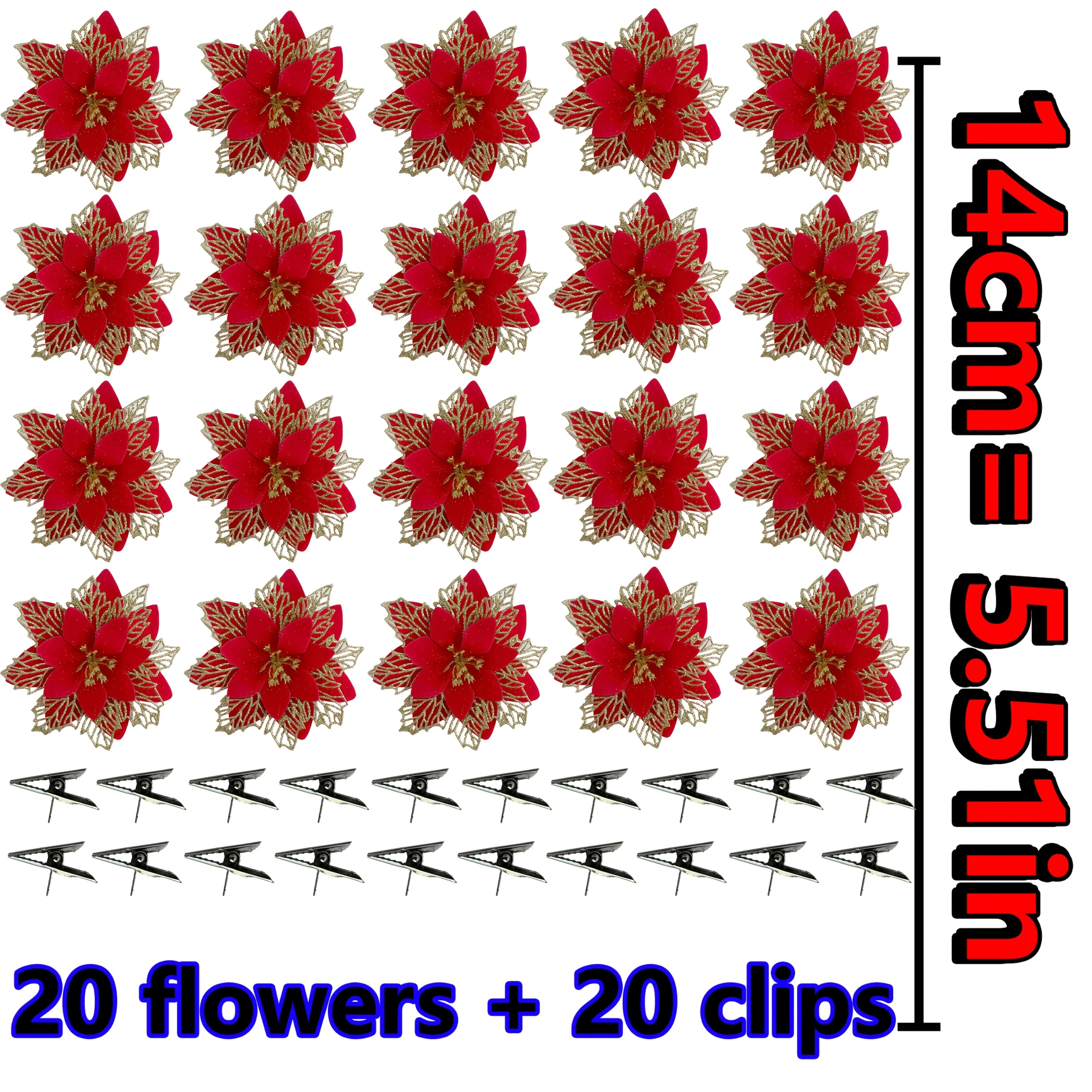 Artificial Christmas Flowers, 14cm Red with Golden Edges and Clips, texture detail - House Of Avana