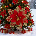 Artificial Christmas Flowers, 14cm Red with Golden Edges and Clips, back view - House Of Avana
