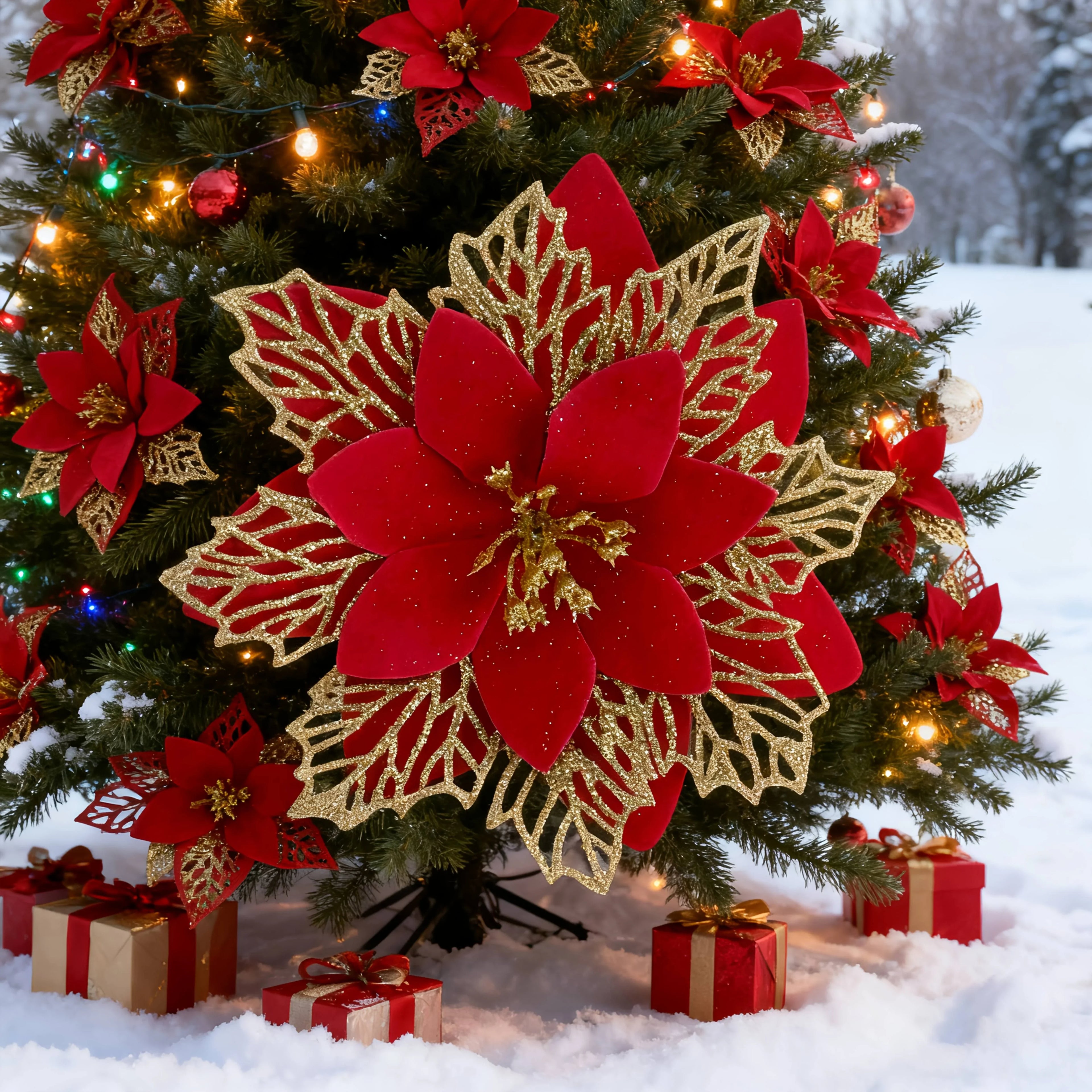 Artificial Christmas Flowers, 14cm Red with Golden Edges and Clips, back view - House Of Avana