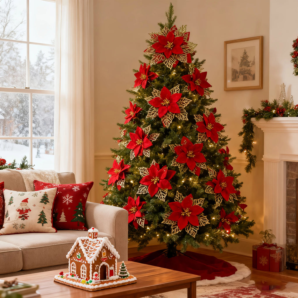 Artificial Christmas Flowers, 14cm Red with Golden Edges and Clips, detail shot - House Of Avana