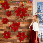 Artificial Christmas Flowers, 14cm Red with Golden Edges and Clips, lifestyle image - House Of Avana