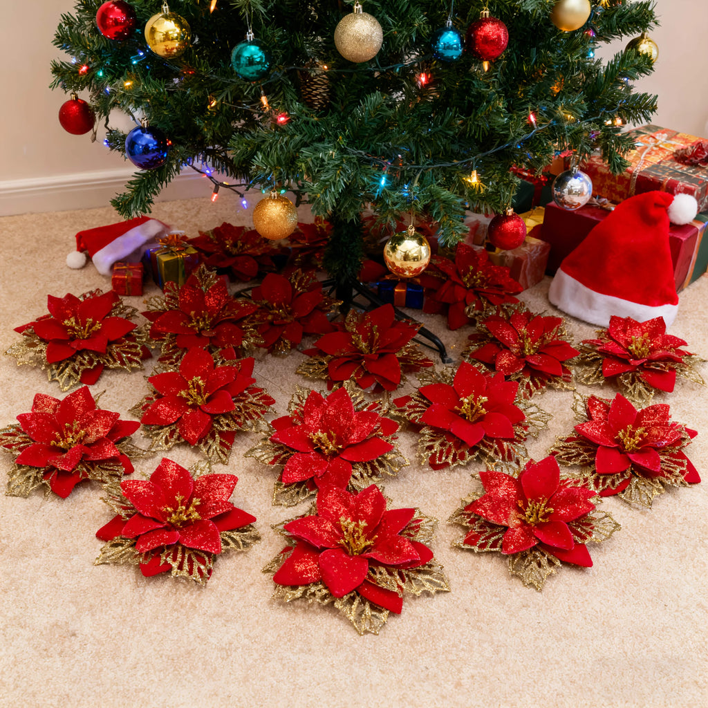 Artificial Christmas Flowers, 14cm Red with Golden Edges and Clips, angled view - House Of Avana