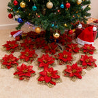Artificial Christmas Flowers, 14cm Red with Golden Edges and Clips, angled view - House Of Avana