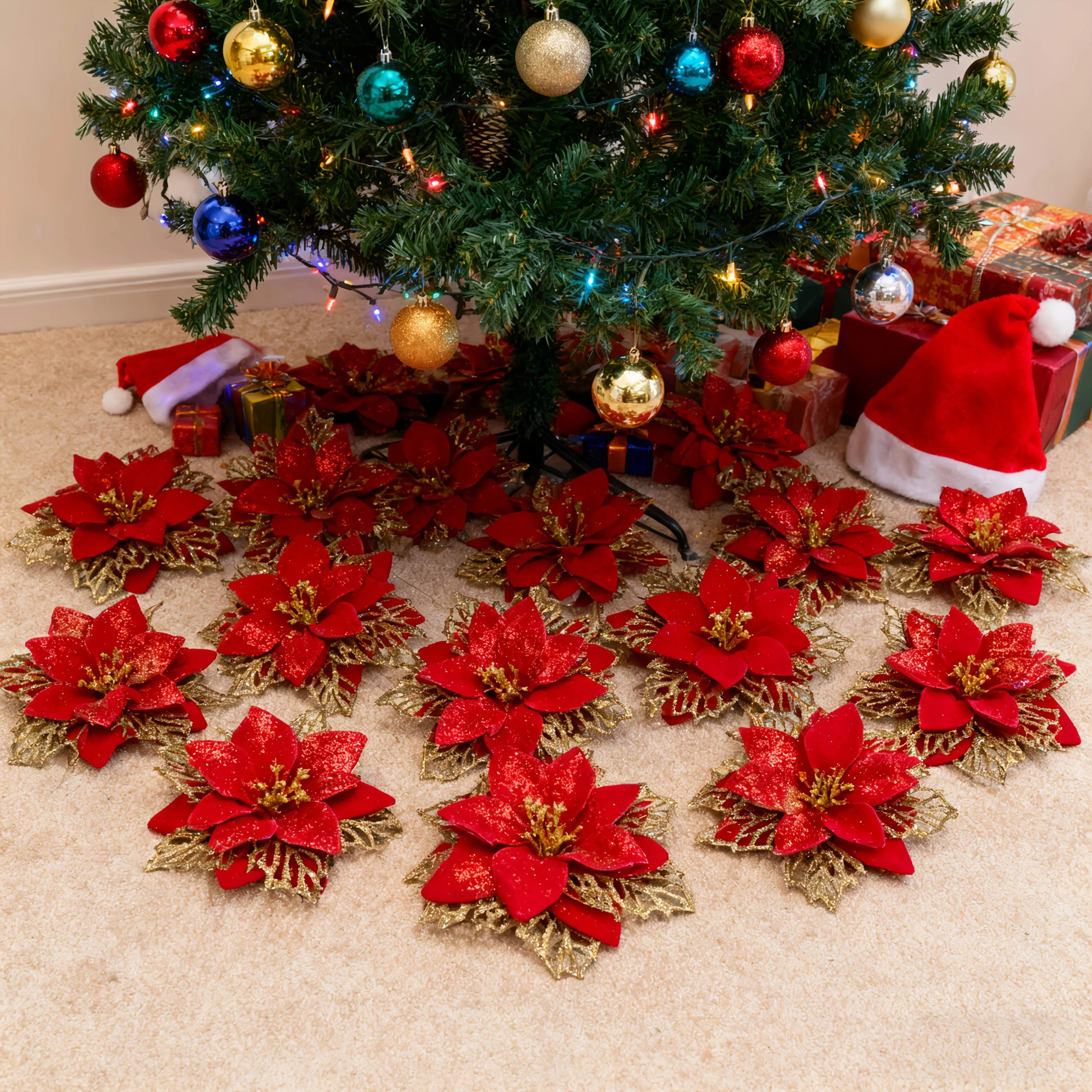 Artificial Christmas Flowers, 14cm Red with Golden Edges and Clips, angled view - House Of Avana