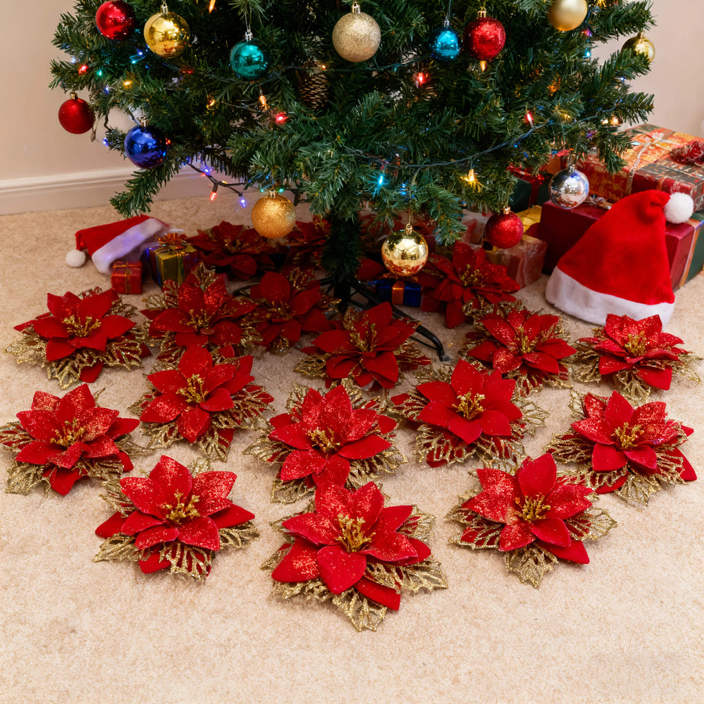 Artificial Christmas Flowers, 14cm Red with Golden Edges and Clips, angled view - House Of Avana [[SKU:HOA-FLR-026]]