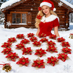 Artificial Christmas Flowers, 14cm Red with Golden Edges and Clips, angled view - House Of Avana