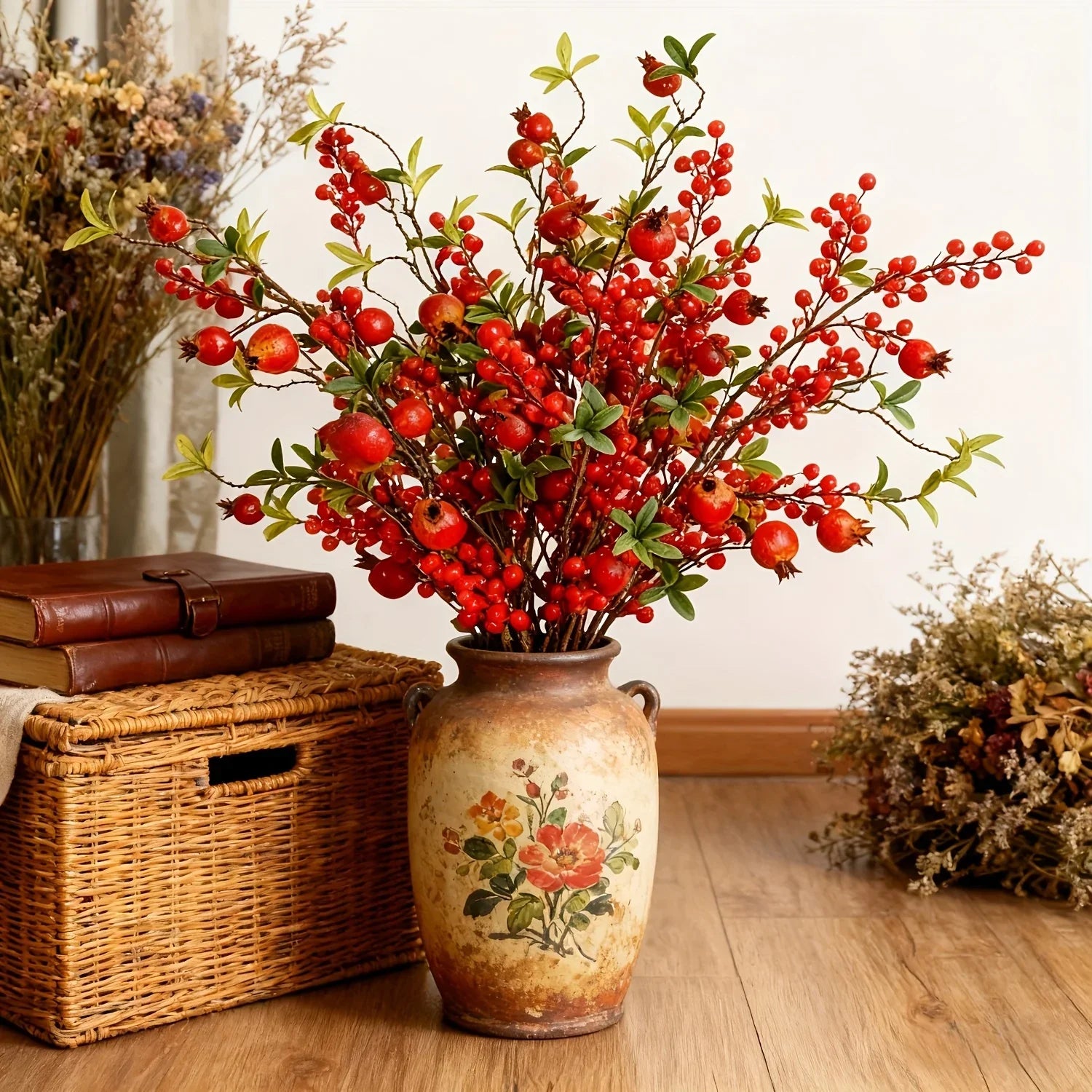 Artificial Floral Pomegranate Decoration with Red Winterberry Berries and Dark Stems, close-up view - House Of Avana