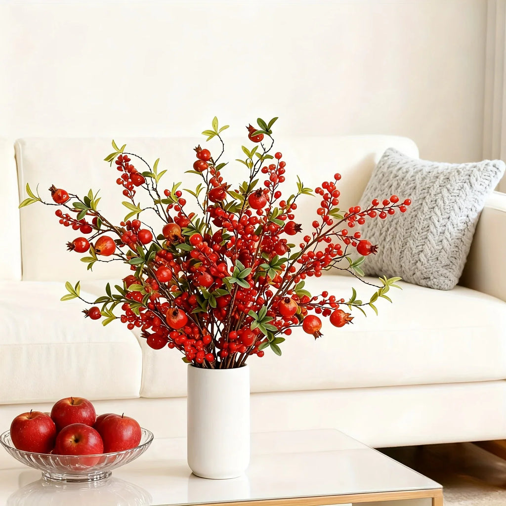 Artificial Floral Pomegranate Decoration with Red Winterberry Berries and Dark Stems, texture detail - House Of Avana